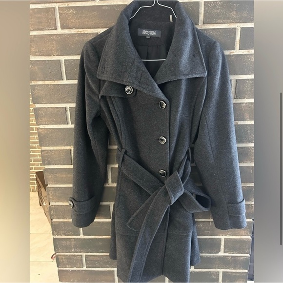 Kenneth Cole Black Wool Blend Coat Wide Collar Belted Waist - Picture 3 of 10